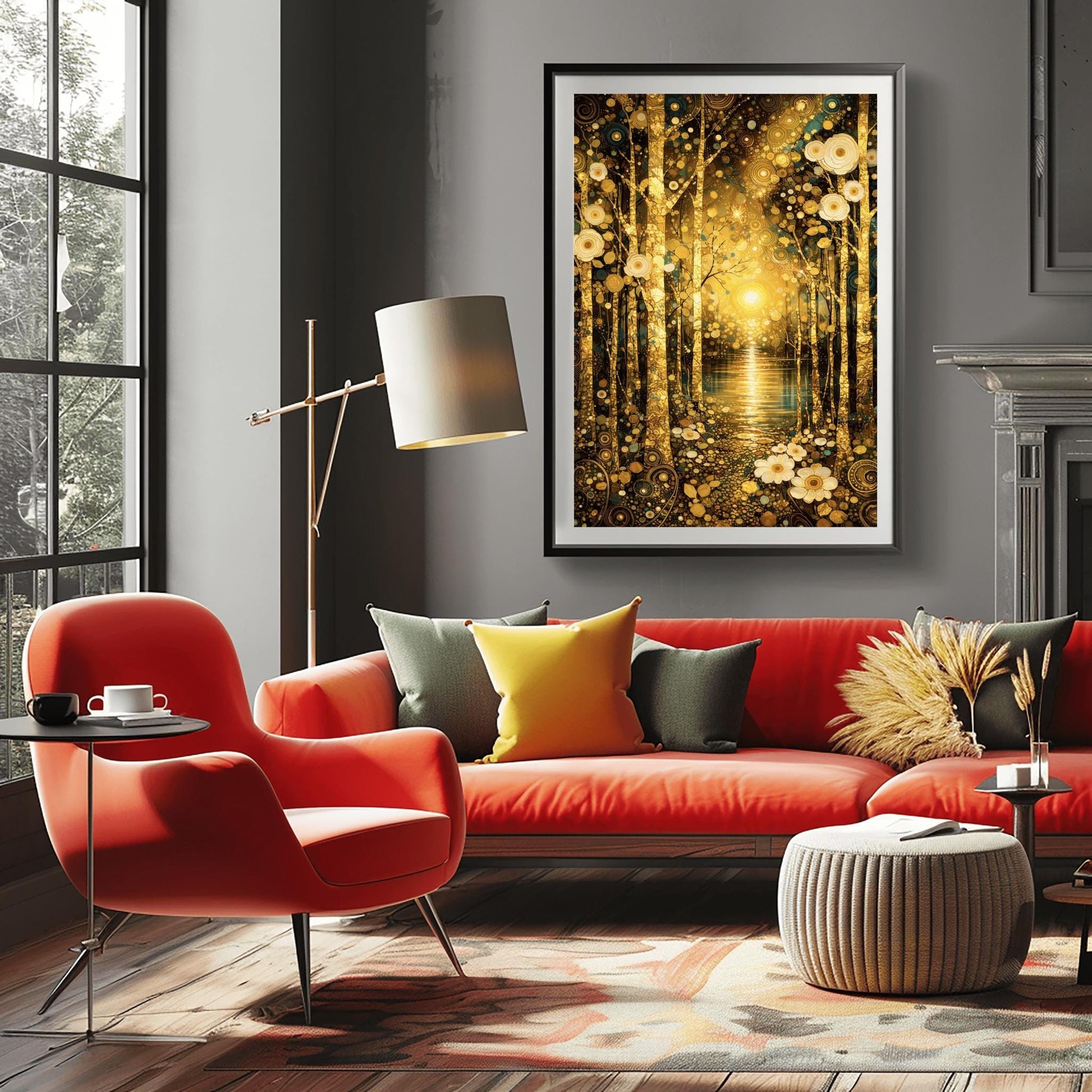 A vertical fine art landscape in the style of Gustav Klimt. Slender, textured golden birch trees stand in the foreground on a forest floor covered in white circular flowers. In the background, a brilliant golden sun reflects over a calm lake, surrounded by an atmosphere of golden spirals and shimmering mosaic patterns.
