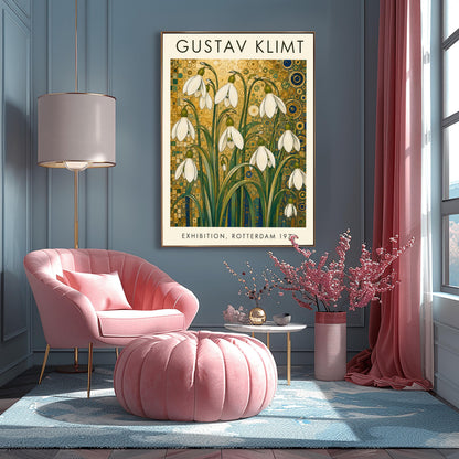 A vertical retro exhibition poster for Gustav Klimt featuring a wide cream-colored border. The central image shows an intricate Art Nouveau illustration of a cluster of delicate white snowdrop flowers with long green leaves reaching upward. The background is an opulent, decorative tapestry of metallic gold patterns, featuring detailed concentric circles, swirling spirals, and tiny mosaic tiles accented with hints of blue and teal.
