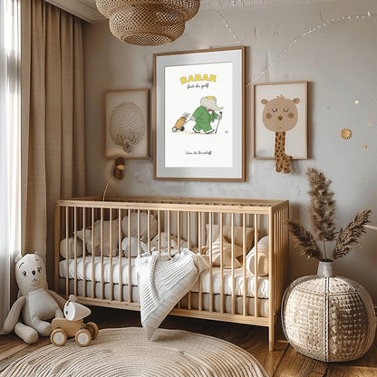 A vertical art print titled "BABAR fait du golf" in yellow letters. A grey elephant, Babar, is wearing a green suit, a red bow tie, and a gold crown. He is walking across a simple beige ground, holding a golf club and pulling a tan golf bag on a small two-wheeled cart. A single golf ball sits on the ground in front of him. The background is a minimalist off-white texture, and "Jean de Brunhoff" is written at the bottom.