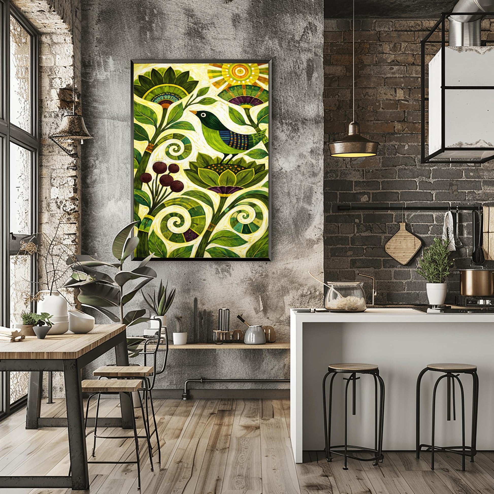 A vertical folk-style art print. A green-headed bird with a blue and purple striped wing sits on a large, stylized green flower. Swirling vines and leaves in various shades of green fill the bottom half of the frame, accompanied by a cluster of dark purple berries. In the top right corner, a bright yellow sun with concentric circles and rectangular rays shines down. The background is a textured off-white with fine, rhythmic brushstrokes throughout the composition.