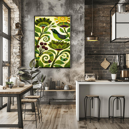 A vertical folk-style art print. A green-headed bird with a blue and purple striped wing sits on a large, stylized green flower. Swirling vines and leaves in various shades of green fill the bottom half of the frame, accompanied by a cluster of dark purple berries. In the top right corner, a bright yellow sun with concentric circles and rectangular rays shines down. The background is a textured off-white with fine, rhythmic brushstrokes throughout the composition.