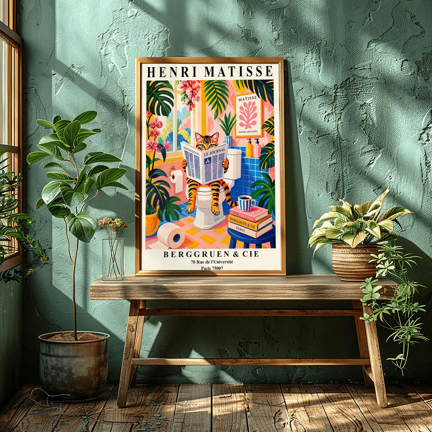 Tabby Cat on Toilet Art Print: Funny Matisse Style Bathroom Wall Art
