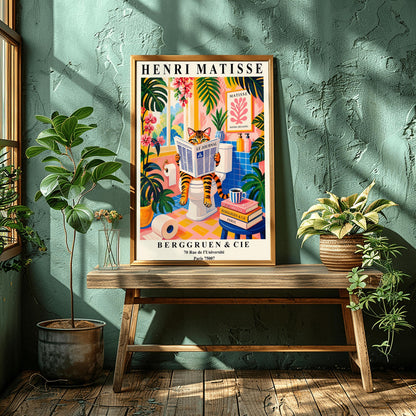 Tabby Cat on Toilet Art Print: Funny Matisse Style Bathroom Wall Art