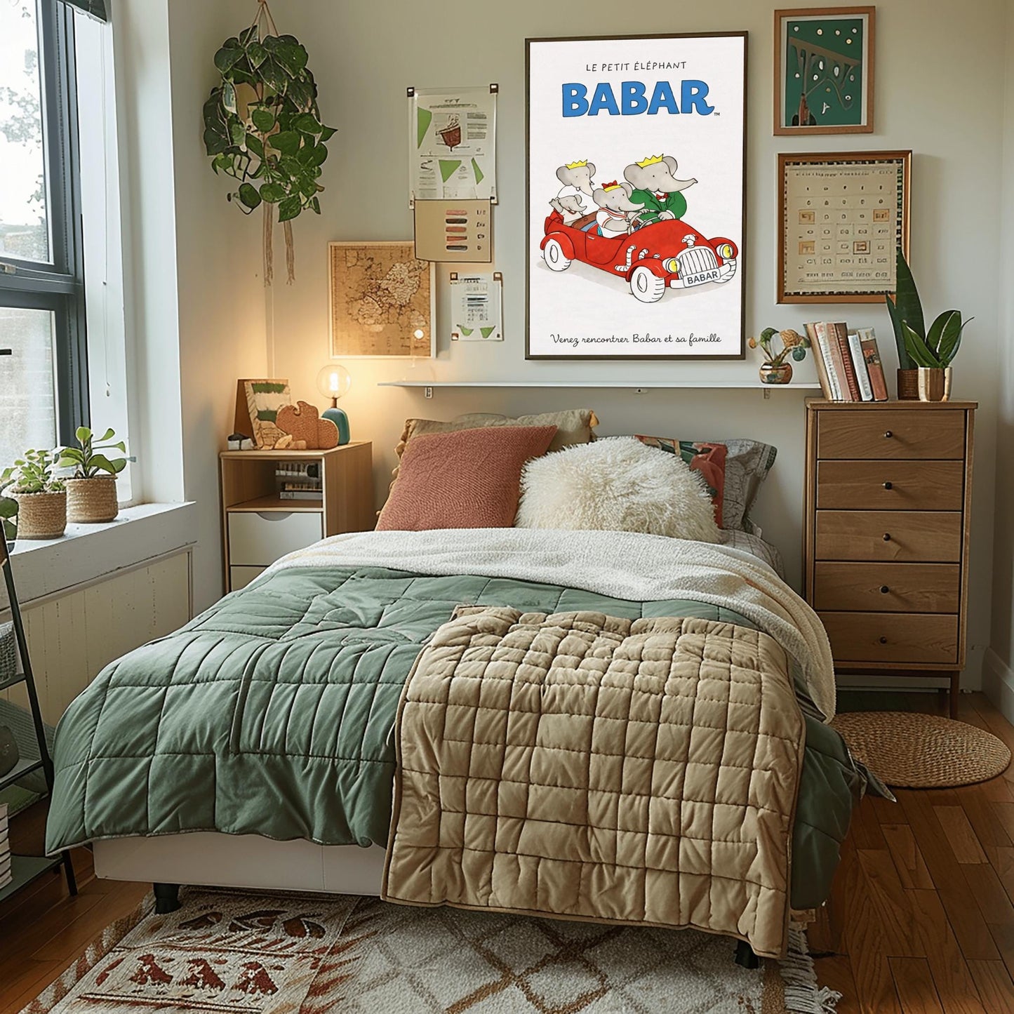 A vertical children's illustration poster. At the top, "LE PETIT ÉLÉPHANT" is written in small letters above the word "BABAR" in large blue block letters. In the center, four elephants are riding in a bright red vintage open-top convertible. A young elephant is driving, Babar is in the passenger seat in a green suit, and two smaller elephants are in the back. The car has a "BABAR" license plate. The text at the bottom says "Venez rencontrer Babar et sa famille."