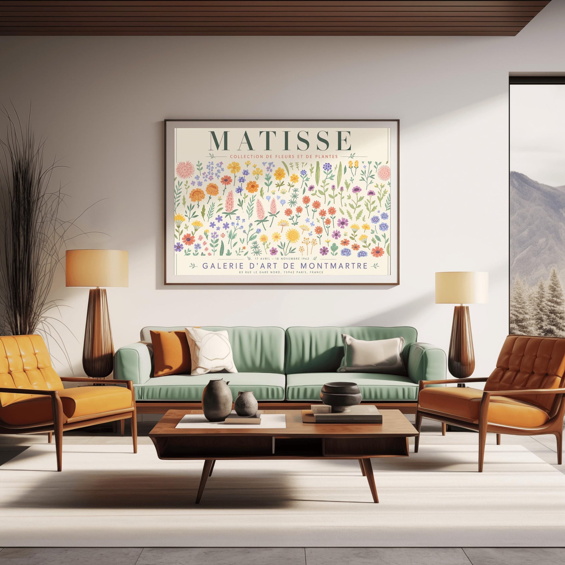 A vertical gallery exhibition poster with a warm cream border. Bold black text at the top reads "HENRI MATISSE". The central artwork is a rectangular block with a solid terracotta-orange background, featuring a cream silhouette of an abstract, four-petaled flower with a circular center. Below the block, black text reads "PAPIERS DÉCOUPÉS" and "FLEUR". The bottom of the poster finishes with the text "BERGGRUEN & CIE - 70 RUE DE L'UNIVERSITÉ - PARIS VII".