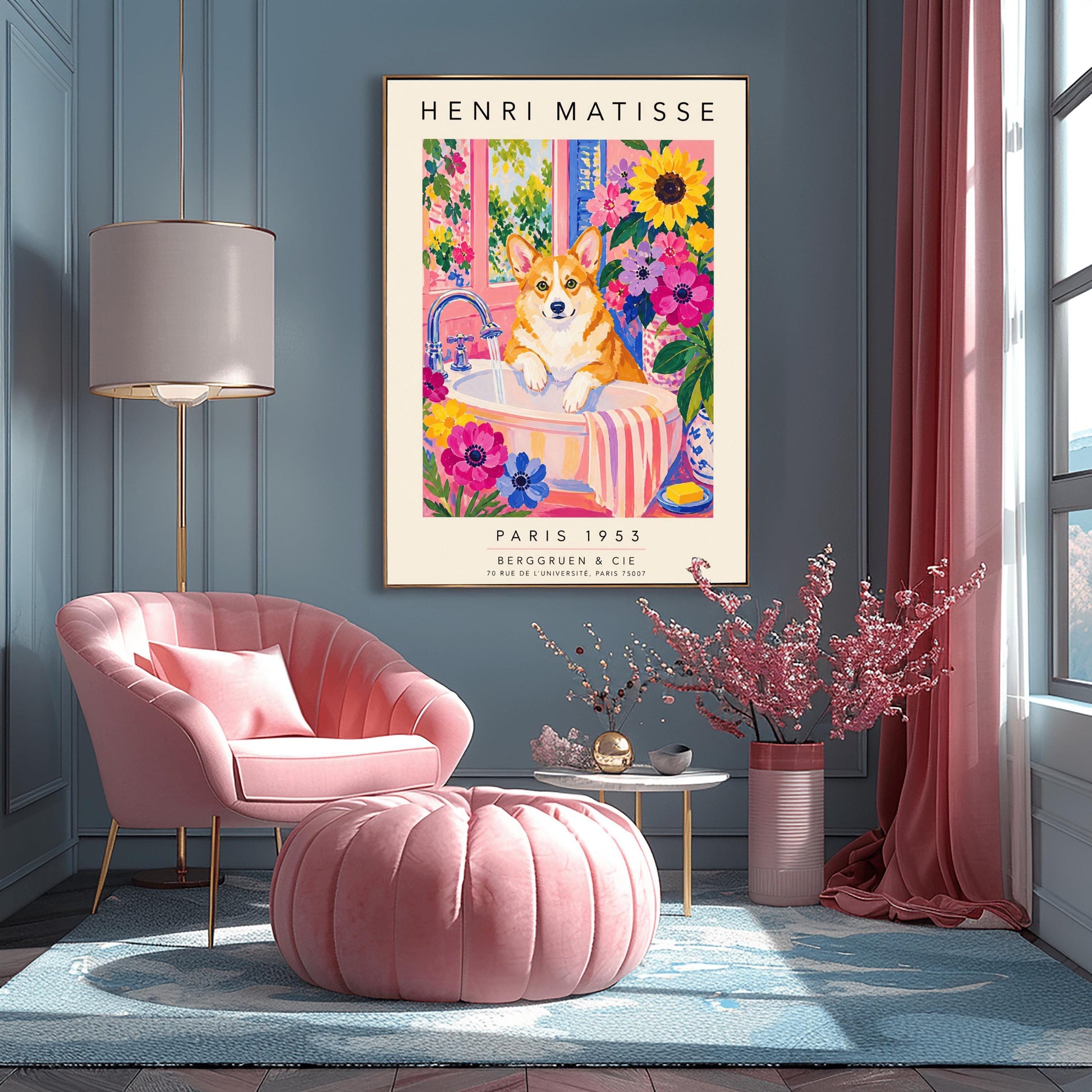 A vertical maximalist art print styled as a Henri Matisse exhibition poster. A tan and white Pembroke Welsh Corgi dog with large ears stands in a white bathroom sink under a running silver faucet. The room features pink walls and is filled with large sunflowers and pink and purple blossoms. A pink and white striped towel hangs from the side of the sink. A window in the background looks out onto a leafy green garden. Bold black text at the top and bottom