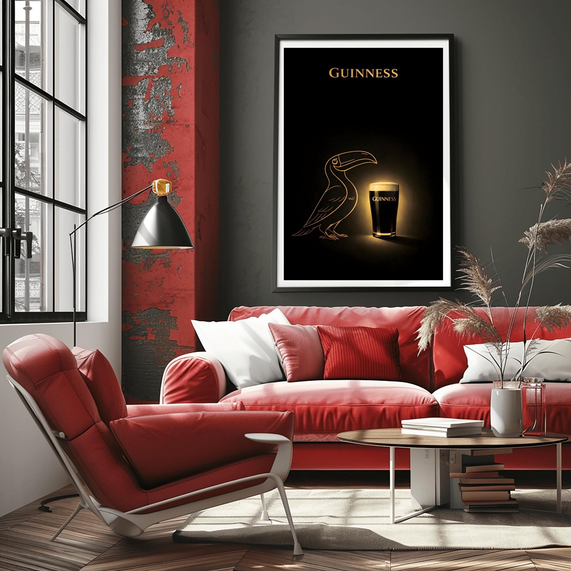 A vertical minimalist poster with a deep black background. In the center, a golden line-art silhouette of a toucan faces a glowing, realistic pint of Guinness beer. The pint has a bright white head and gold text. At the top, the word "GUINNESS" is written in gold.