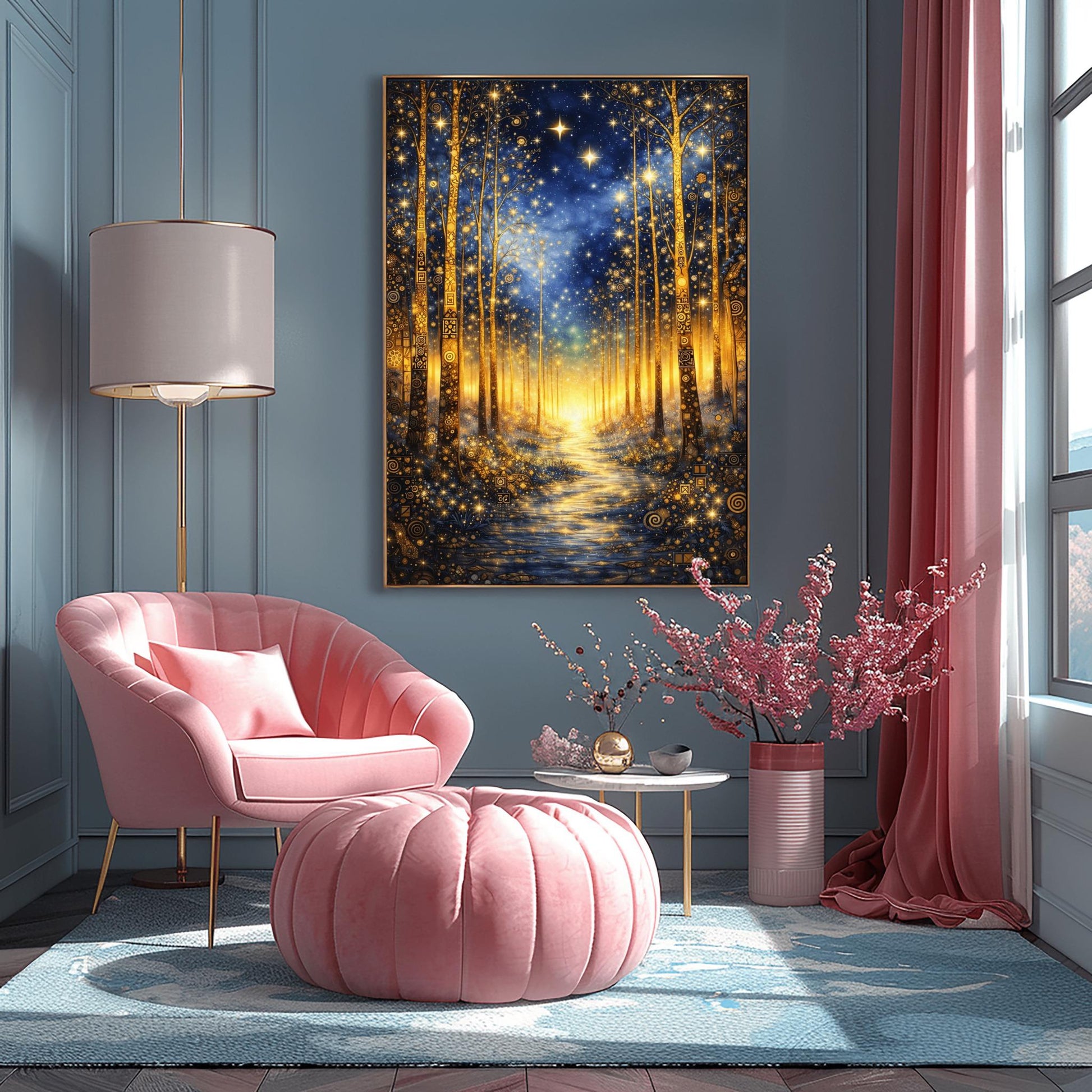 A vertical art print in the style of Gustav Klimt. It depicts a magical forest at night with tall, slender trees decorated with intricate golden swirls and geometric patterns. A shimmering golden path leads through the center toward a bright light in the distance. The dark blue sky is filled with numerous bright, glowing stars and a hazy golden nebula. The entire scene is rich with gold leaf textures and decorative mosaic details.