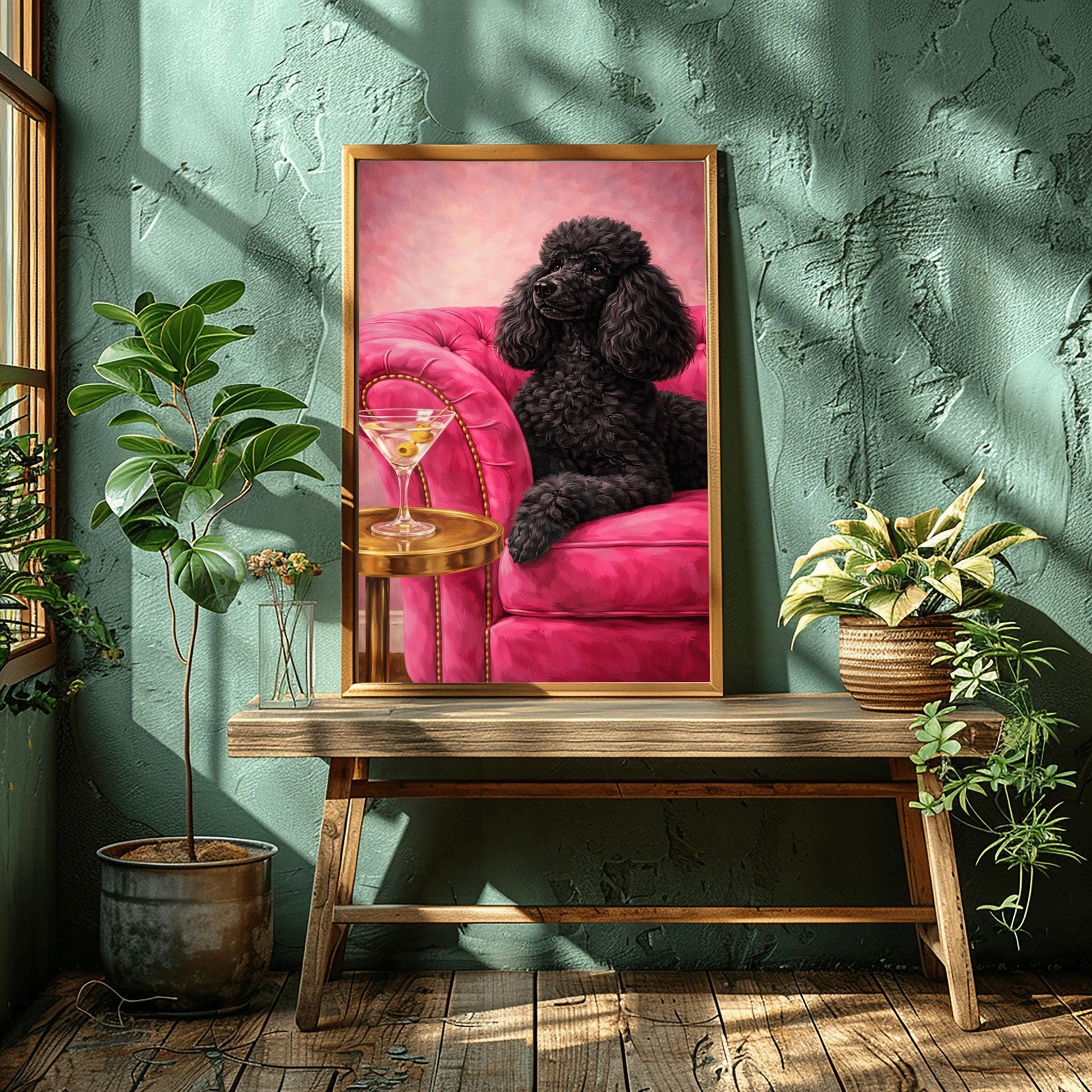A vertical oil-style painting of a sophisticated black poodle with fluffy, well-groomed fur. The poodle is lying on a vibrant hot pink velvet tufted sofa. In the foreground, a martini glass with two green olives sits on a polished round gold side table. The background is a textured light pink, and the overall mood is glamorous, colorful, and maximalist.