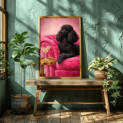 A vertical oil-style painting of a sophisticated black poodle with fluffy, well-groomed fur. The poodle is lying on a vibrant hot pink velvet tufted sofa. In the foreground, a martini glass with two green olives sits on a polished round gold side table. The background is a textured light pink, and the overall mood is glamorous, colorful, and maximalist.