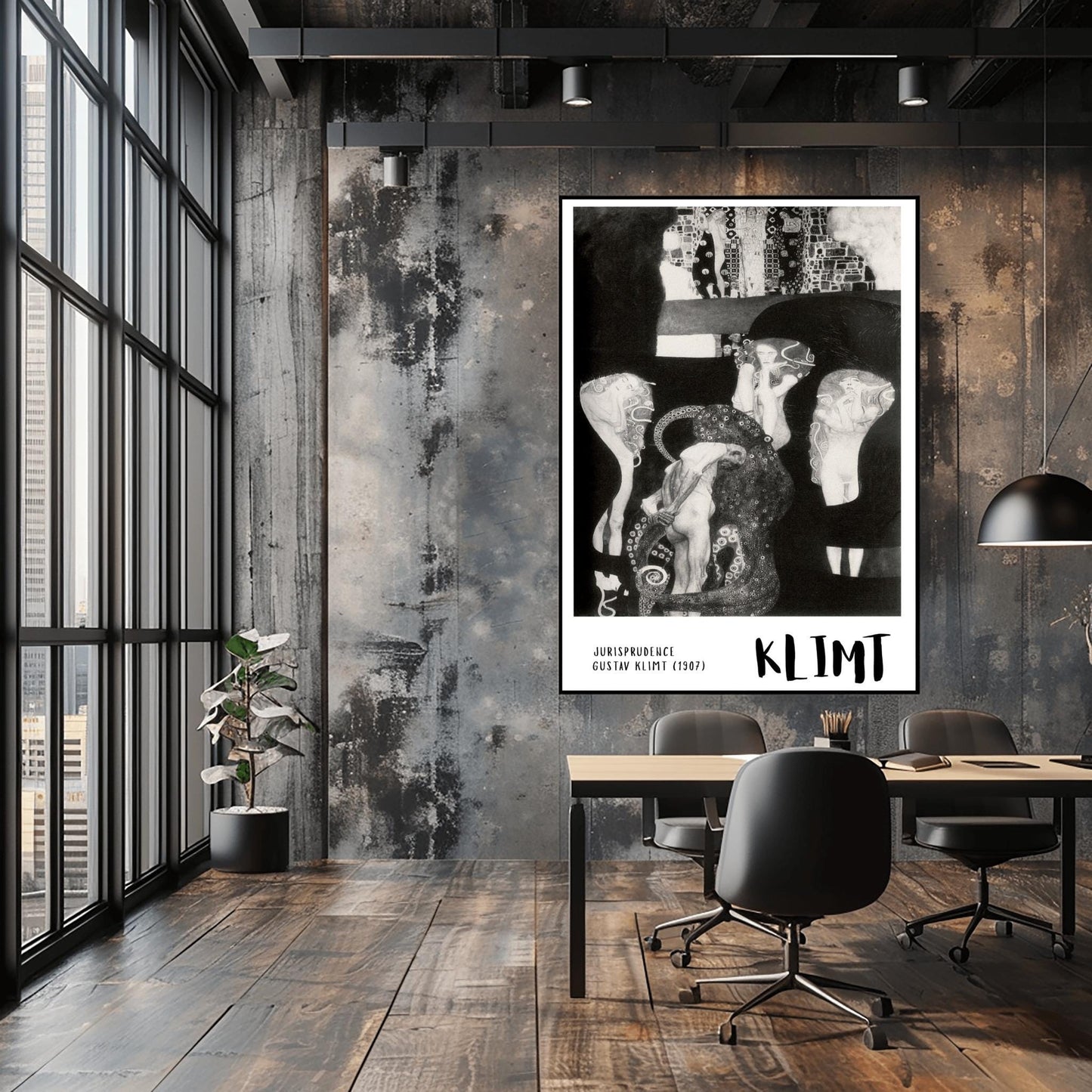A vertical museum exhibition poster featuring a black and white version of Gustav Klimt's 1907 painting "Jurisprudence." A central male figure is surrounded by an ornate, tentacled creature and ethereal female figures. The bottom border is white with bold black text reading "JURISPRUDENCE" and "KLIMT."