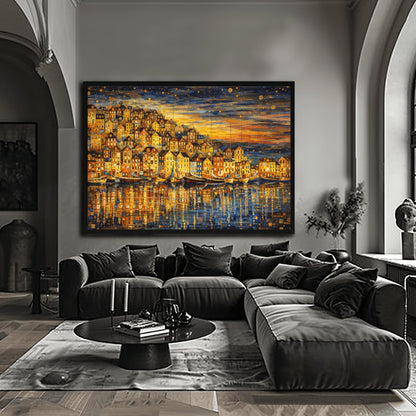 A horizontal landscape art print in the style of Gustav Klimt, depicting a coastal village at dusk. A dense cluster of golden, mosaic-patterned houses sits on a hill overlooking a harbor. Several traditional wooden sailboats are anchored in the water, which reflects the warm gold light of the buildings. The sky above is a dark indigo filled with golden swirling patterns and stylized stars. The overall composition is rich with gold leaf textures and intricate decorative details.