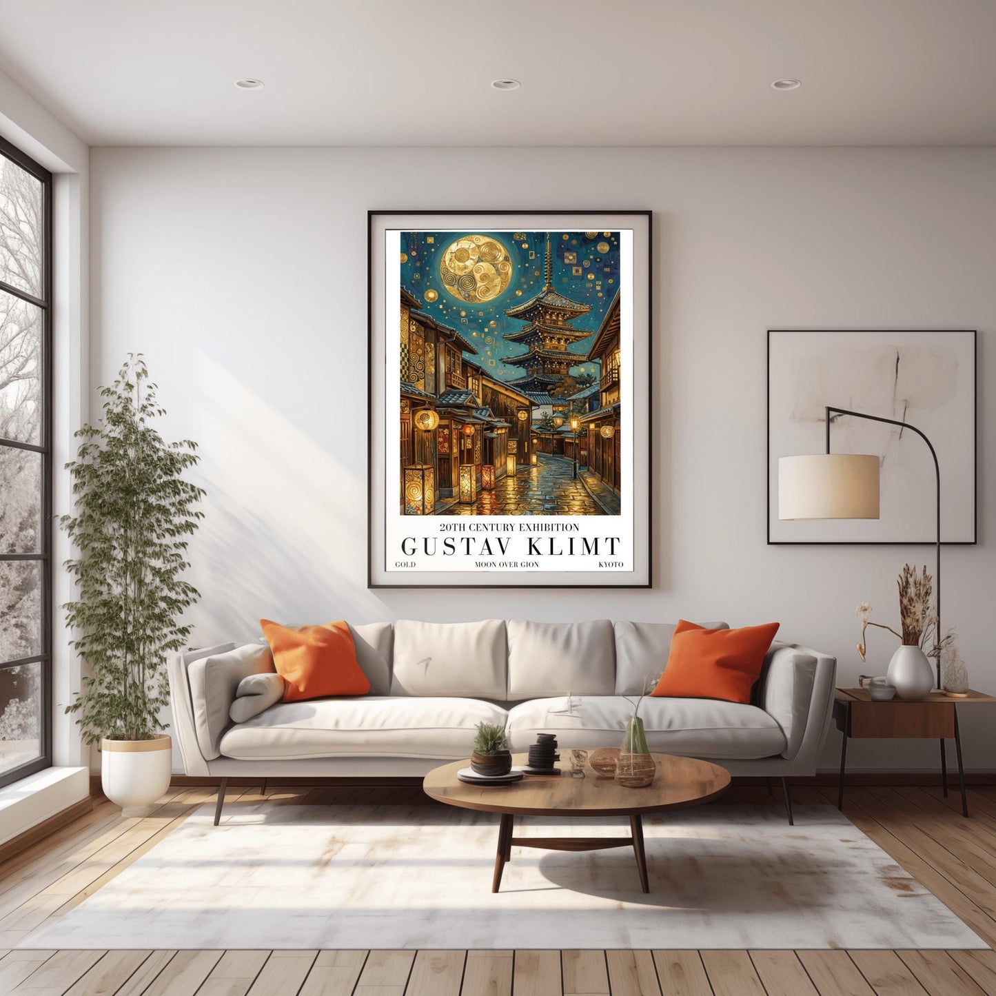 A vertical museum exhibition poster in the style of Gustav Klimt. A historic Japanese street in Gion, Kyoto, features a five-story pagoda and glowing lanterns at night. A massive golden moon with mosaic patterns fills the top of the sky. Bold black text at the bottom reads "GUSTAV KLIMT" and "MOON OVER GION."