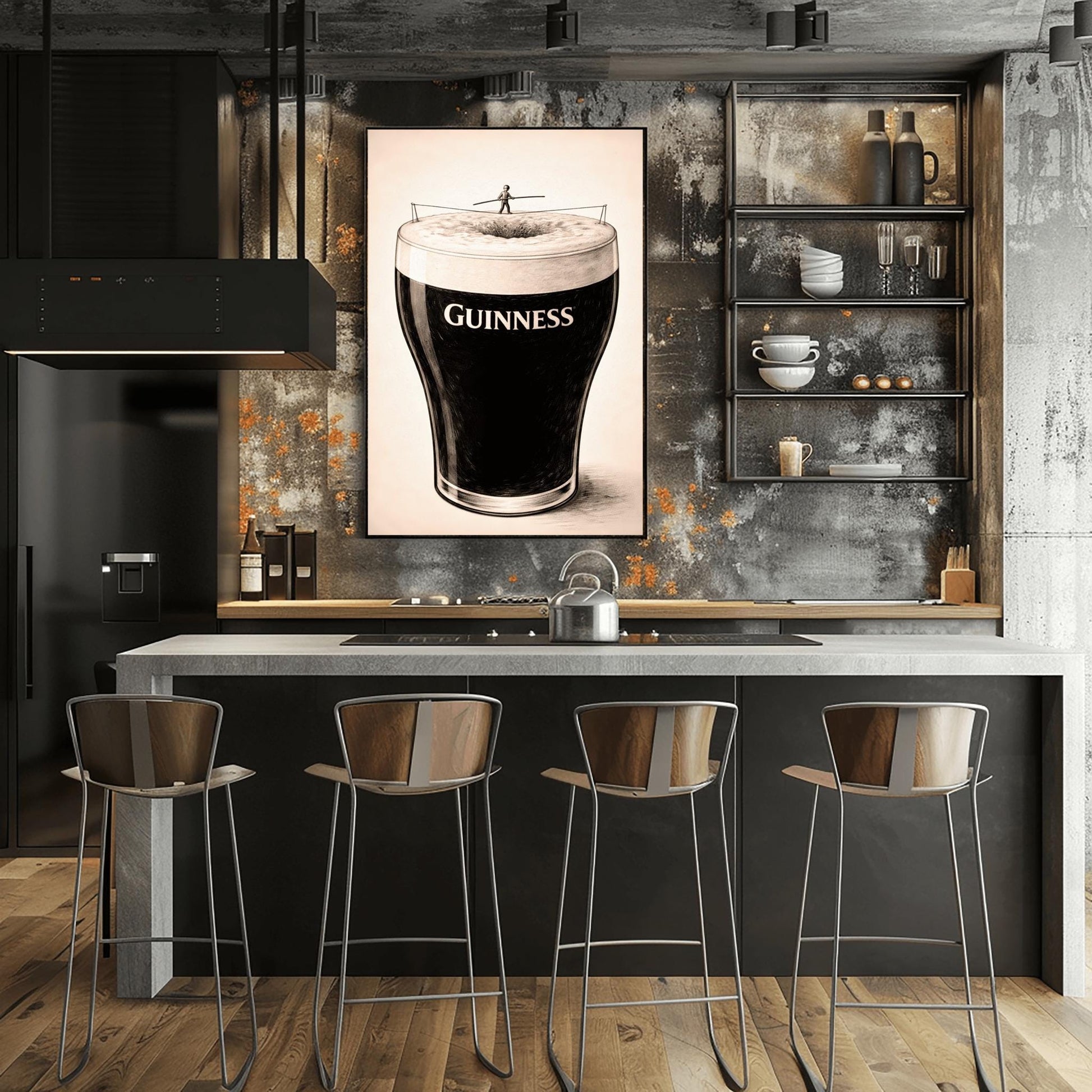A vertical charcoal-style illustration of a pint of Guinness. A tiny silhouette of a person balances on a tightrope stretched across the white foam at the top of the glass. The body of the beer is deep black with the word "GUINNESS" in white. The background is a light, textured cream.