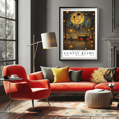 A vertical exhibition poster in the style of Gustav Klimt. A large, textured golden moon contains the iconic figures from "The Kiss" floating above a dark New York City skyline. The Chrysler Building is visible. In the foreground, a vintage trolley reflects in rain-slicked streets. Bold text at the bottom reads "GUSTAV KLIMT" and "NEW YORK."