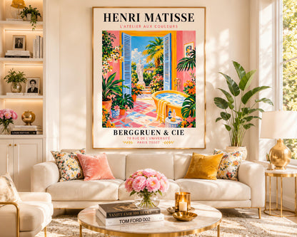 A vertical minimalist fine art exhibition poster in the style of Henri Matisse, featuring a wide white border layout. In the center, a simple black line drawing illustrates a vintage clawfoot bathtub sitting on a terracotta red balcony floor. The balcony opens out to a view of a flat royal blue ocean and a mustard yellow sky. The entire composition is framed by flat paper-cut abstract organic coral leaf shapes against a solid white backdrop.