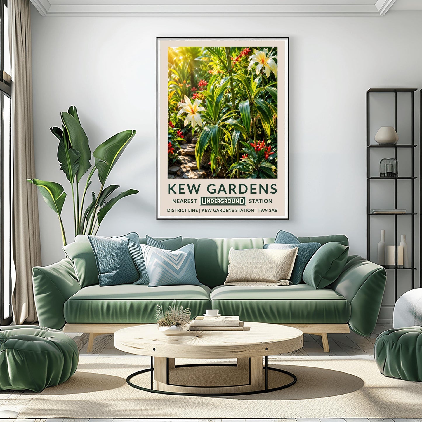 A vertical retro London Underground travel poster for Kew Gardens on a wide cream border. The top image shows a lush, sun-drenched illustration of a tropical jungle interior. In the foreground are large variegated green-and-yellow striped leaves and green bamboo stalks, accented by two large, cream-colored lilies with yellow and orange centers. Small, pointed crimson red flowers are scattered throughout the dense greenery, and a stepping-stone path is visible on the lower left.