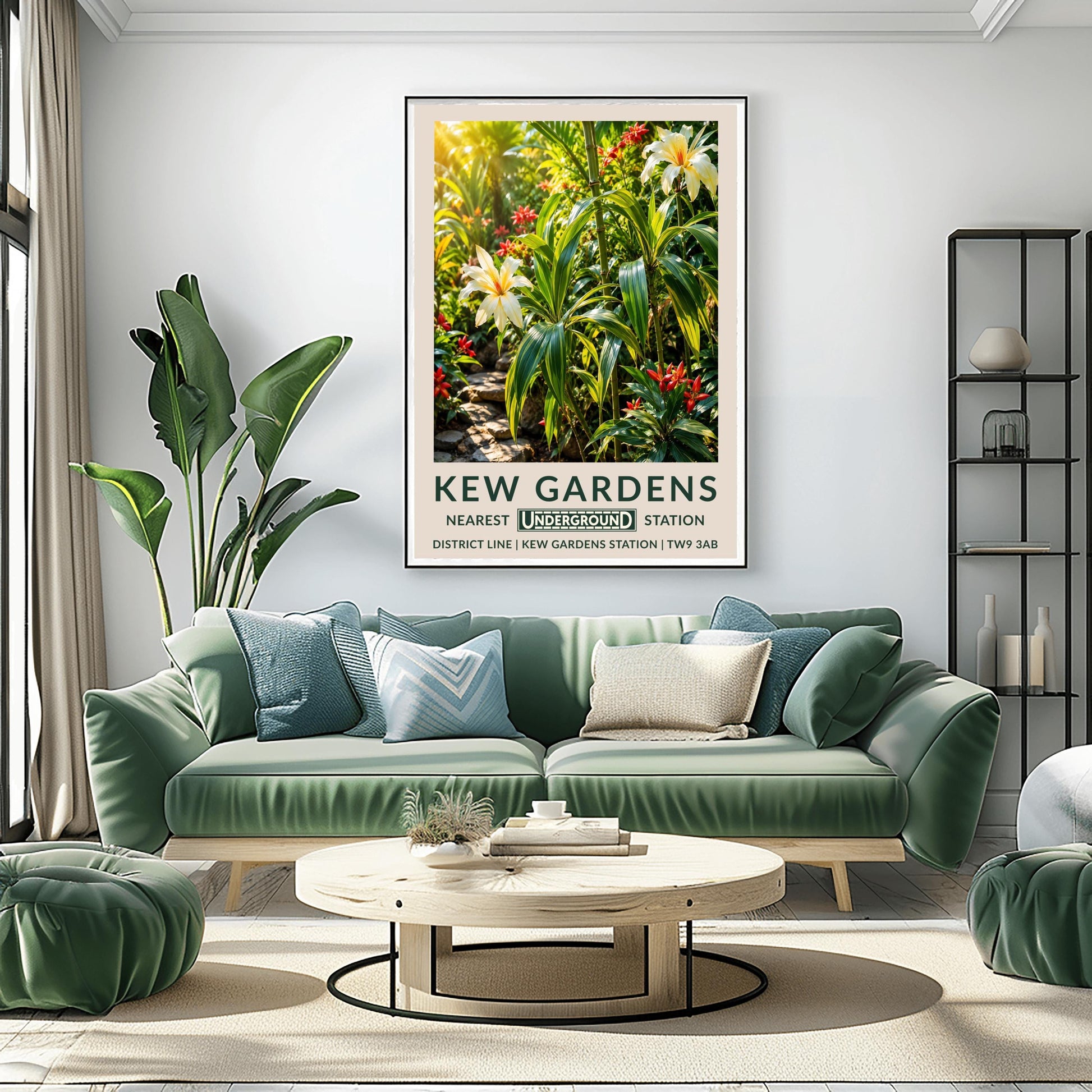 A vertical retro London Underground travel poster for Kew Gardens on a wide cream border. The top image shows a lush, sun-drenched illustration of a tropical jungle interior. In the foreground are large variegated green-and-yellow striped leaves and green bamboo stalks, accented by two large, cream-colored lilies with yellow and orange centers. Small, pointed crimson red flowers are scattered throughout the dense greenery, and a stepping-stone path is visible on the lower left.