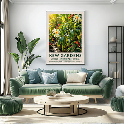 A vertical retro London Underground travel poster for Kew Gardens on a wide cream border. The top image shows a lush, sun-drenched illustration of a tropical jungle interior. In the foreground are large variegated green-and-yellow striped leaves and green bamboo stalks, accented by two large, cream-colored lilies with yellow and orange centers. Small, pointed crimson red flowers are scattered throughout the dense greenery, and a stepping-stone path is visible on the lower left.