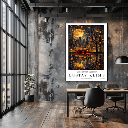 A vertical exhibition-style poster for a Gustav Klimt exhibit. The top half features the New York City skyline at night under a massive, patterned golden moon. A vintage trolley with "NEW YORK" on its sign sits on a wet street, reflecting the city lights and the moon in a shimmering gold mosaic pattern. A silhouetted tree on the right is filled with glowing golden lanterns. The bottom features bold text reading "GUSTAV KLIMT."