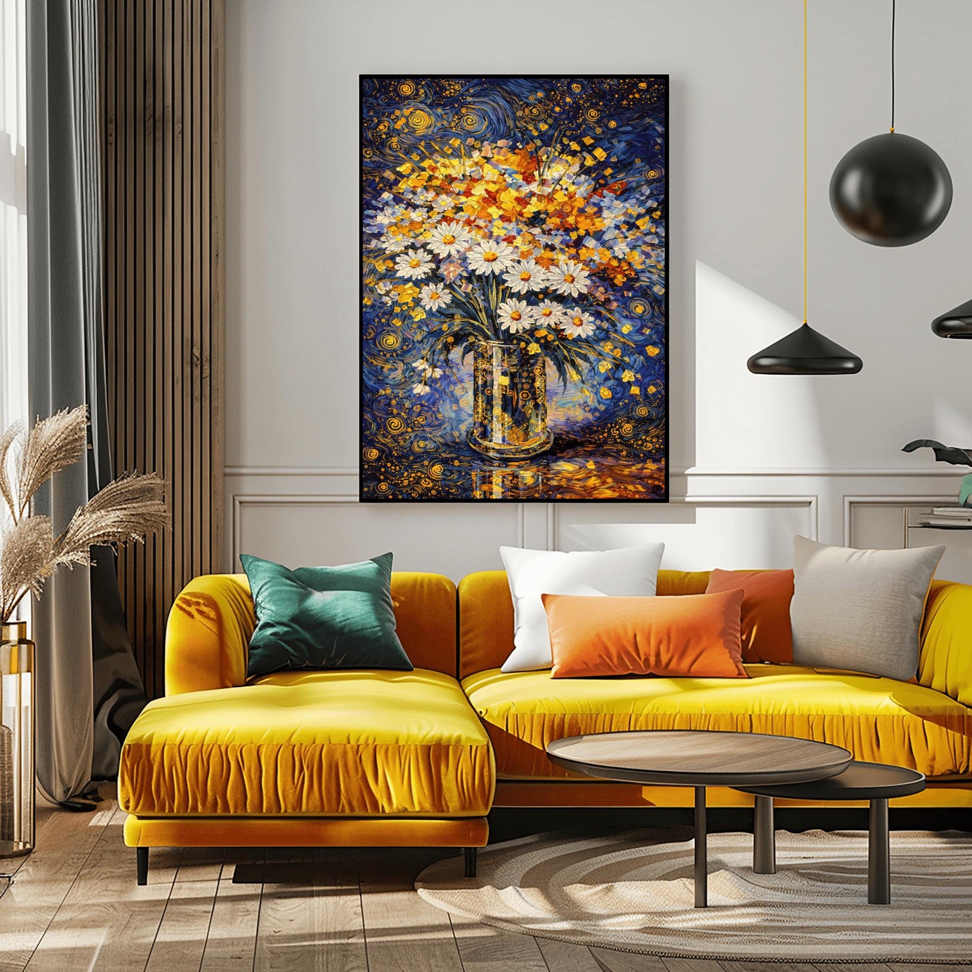 A vertical art print in the style of Gustav Klimt featuring a bouquet of white daisies with yellow centers in a tall, patterned gold vase. The vase is decorated with small black and gold circles. The background is a vibrant dark blue with swirling golden patterns and stars. The table surface below reflects the blue and gold light. The entire image is composed of intricate mosaic-like textures and shimmering metallic tones.