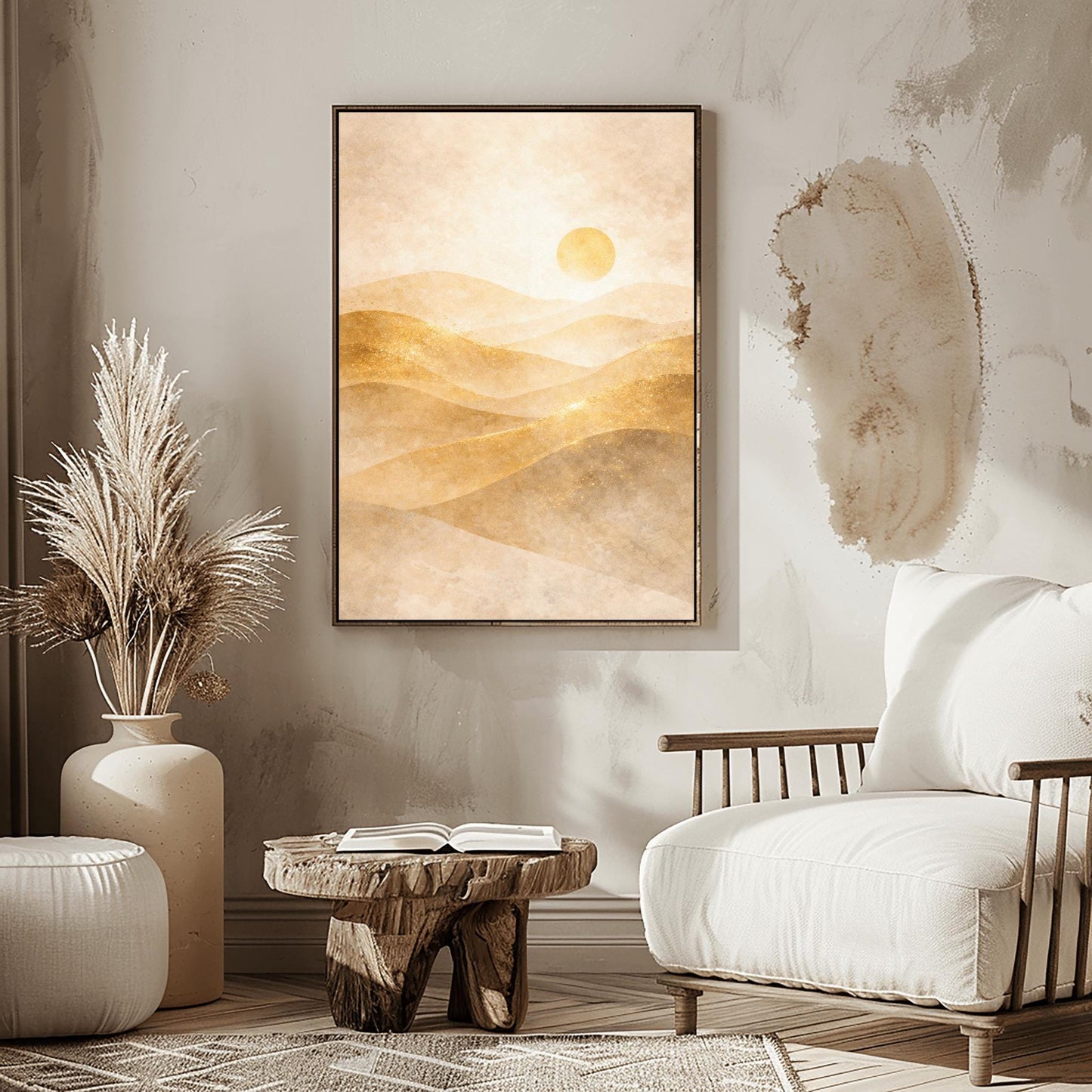 A vertical minimalist landscape in Art Nouveau style. Rolling desert dunes in shades of beige and tan are highlighted with shimmering golden dust on their ridges. A circular golden sun hangs in a hazy, textured cream sky.