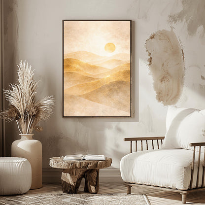 A vertical minimalist landscape in Art Nouveau style. Rolling desert dunes in shades of beige and tan are highlighted with shimmering golden dust on their ridges. A circular golden sun hangs in a hazy, textured cream sky.