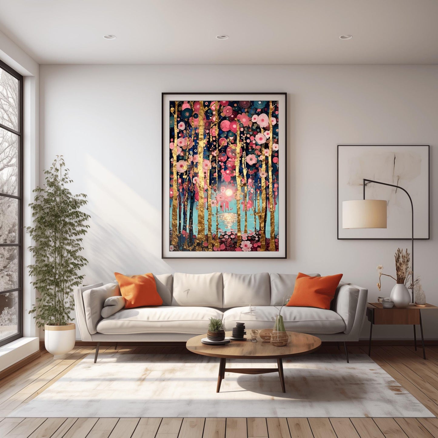 A vertical fine art print in the style of Gustav Klimt. Slender, textured gold leaf tree trunks stand against a soft teal and blue background. The branches are covered in a dense mosaic of pink and white circular flower patterns. A soft sun reflects in a pool of water in the center.