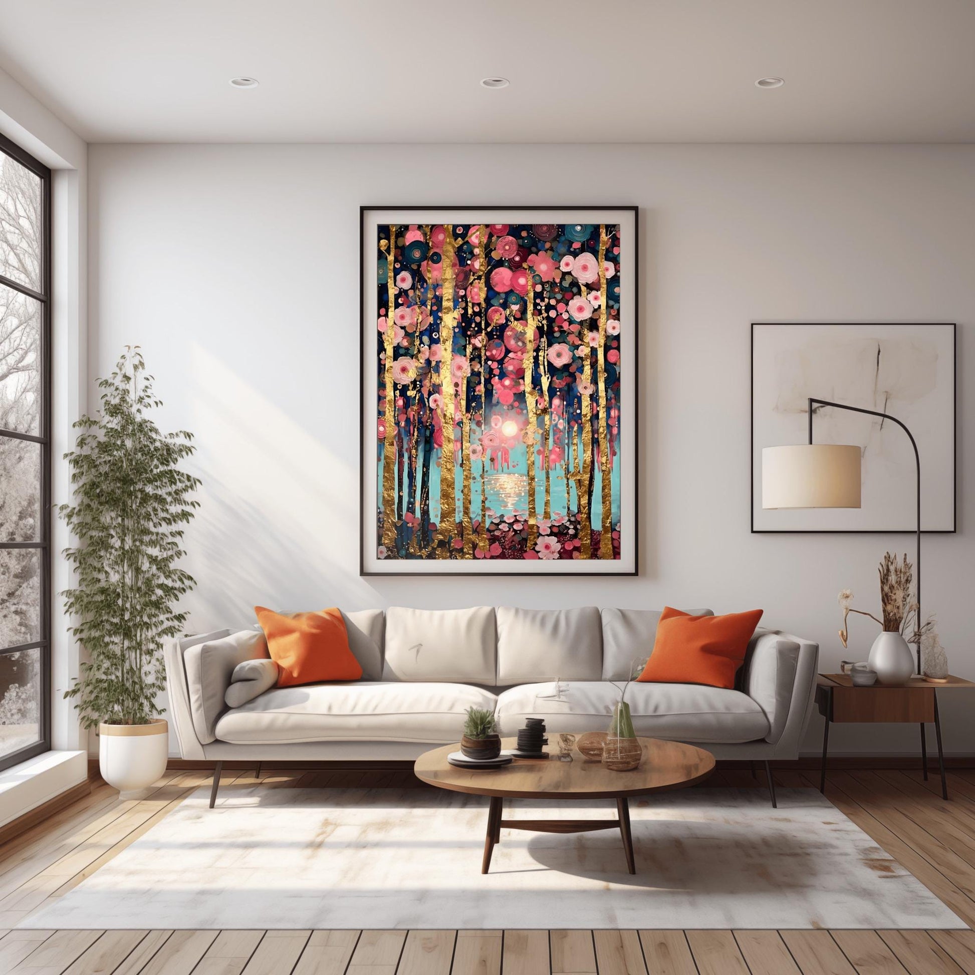 A vertical fine art print in the style of Gustav Klimt. Slender, textured gold leaf tree trunks stand against a soft teal and blue background. The branches are covered in a dense mosaic of pink and white circular flower patterns. A soft sun reflects in a pool of water in the center.