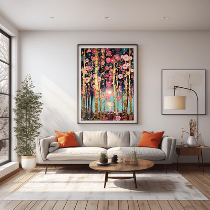 A vertical fine art print in the style of Gustav Klimt. Slender, textured gold leaf tree trunks stand against a soft teal and blue background. The branches are covered in a dense mosaic of pink and white circular flower patterns. A soft sun reflects in a pool of water in the center.