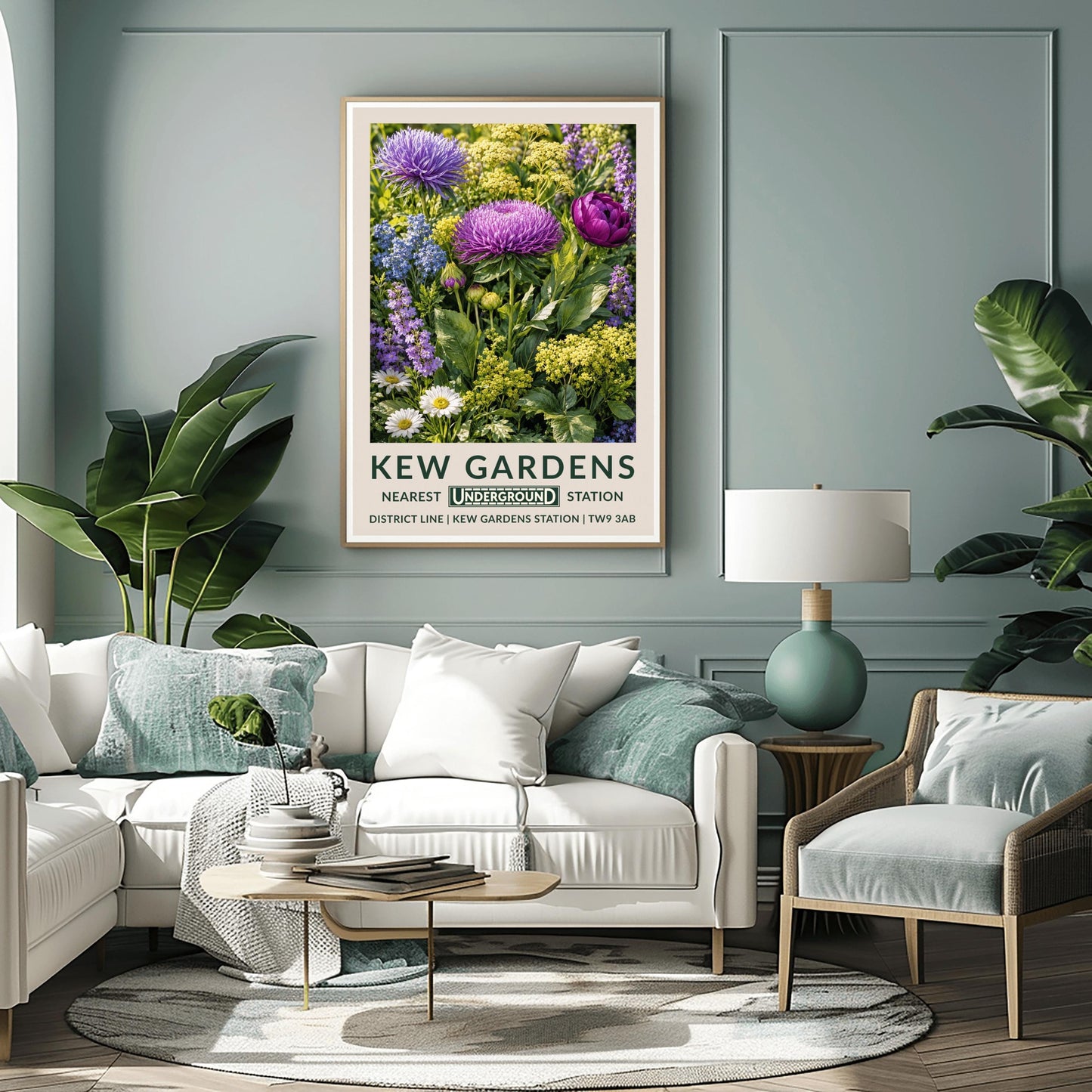 A vertical retro London Underground travel poster for Kew Gardens on a wide cream border. The top image shows a close-up, densely packed botanical illustration of a summer meadow featuring large purple asters, a magenta peony, clusters of tiny yellow dill flowers, blue forget-me-nots, and white daisies surrounded by green leaves. The bottom cream border features the text "KEW GARDENS" in dark green, followed by "NEAREST UNDERGROUND STATION" flanking an authentic boxed Underground logo