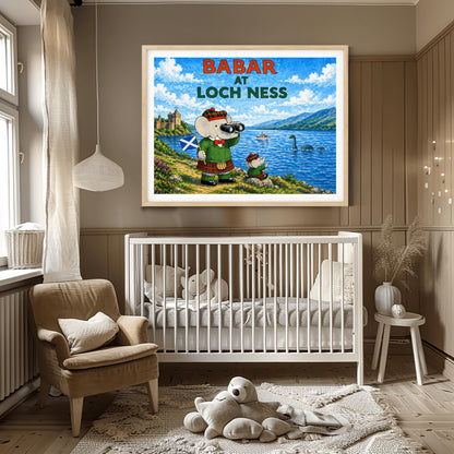 A horizontal watercolor-style illustration of Babar the Elephant in Scotland. Babar is on the left, wearing a green jacket and a red and green plaid kilt and hat. He holds a Scottish flag and looks through binoculars at Loch Ness. A smaller elephant in matching tartan sits on a rock nearby, pointing at a green long-necked sea monster in the water. In the background, a castle sits on a grassy hill to the left, and blue mountains rise behind the lake under a cloudy sky.