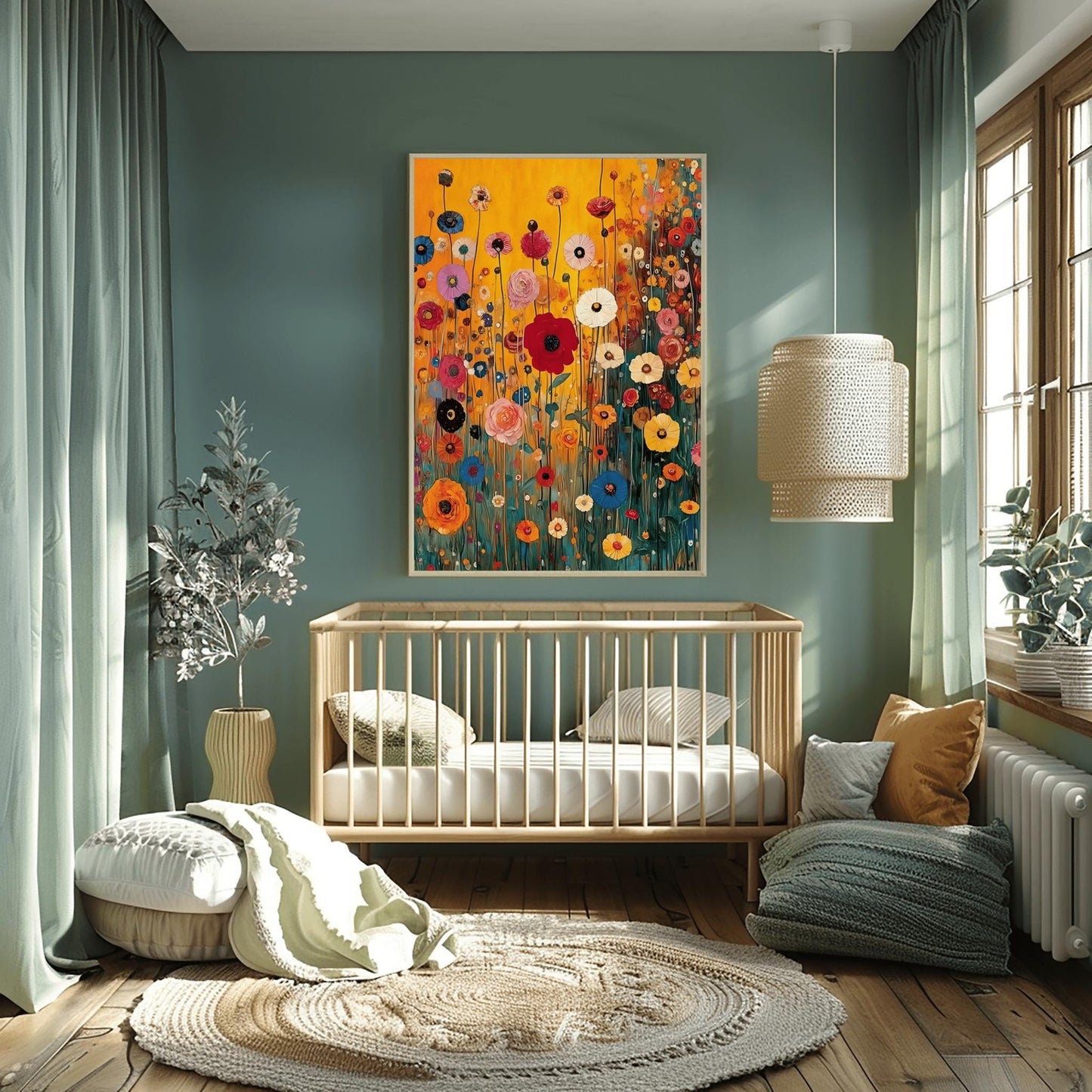A vertical fine art print in the style of Gustav Klimt featuring a dense field of wildflowers. Red, blue, pink, and yellow flowers on long, thin green stalks grow against a solid amber-gold background. The painting features small ornamental dots and mosaic details throughout the meadow.