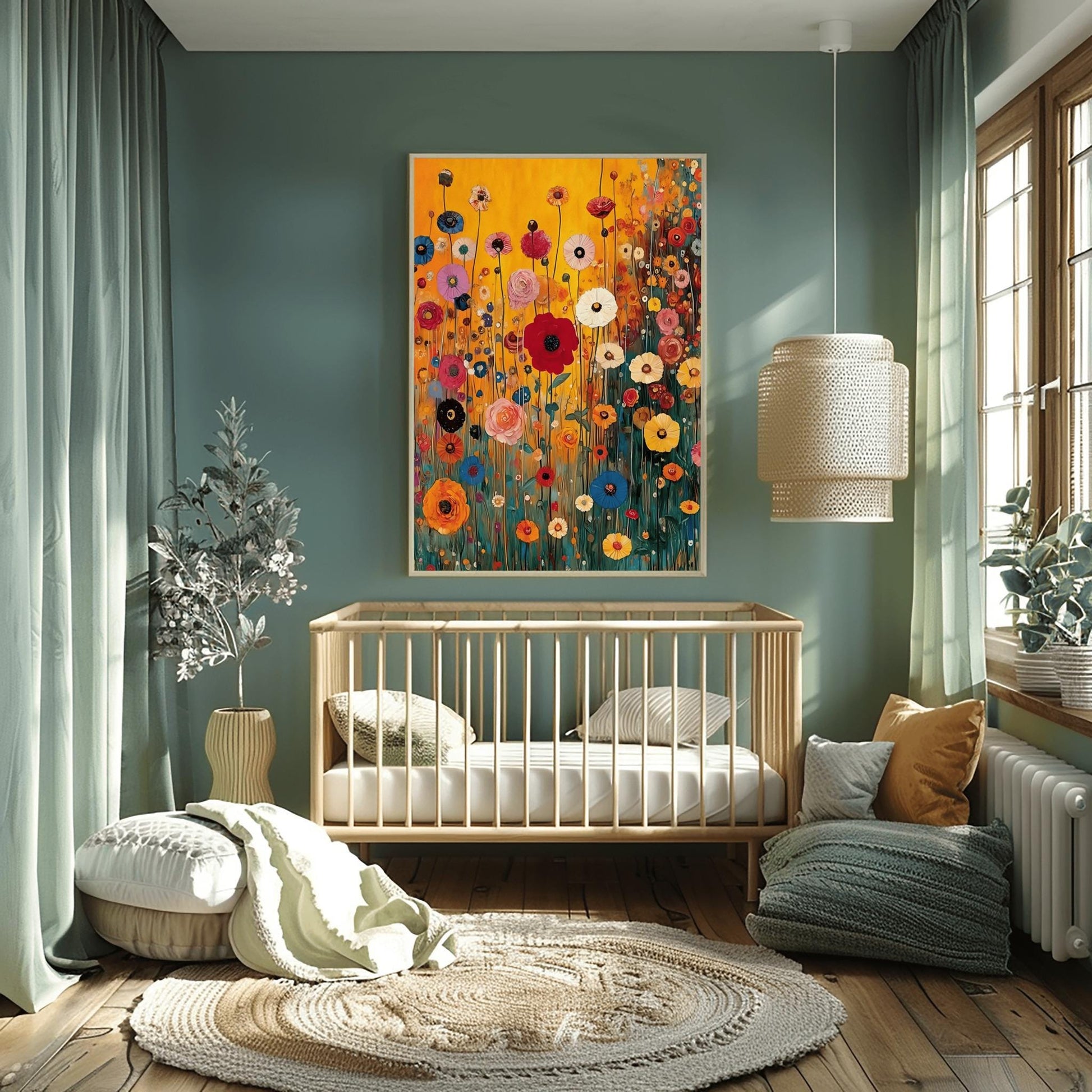 A vertical fine art print in the style of Gustav Klimt featuring a dense field of wildflowers. Red, blue, pink, and yellow flowers on long, thin green stalks grow against a solid amber-gold background. The painting features small ornamental dots and mosaic details throughout the meadow.