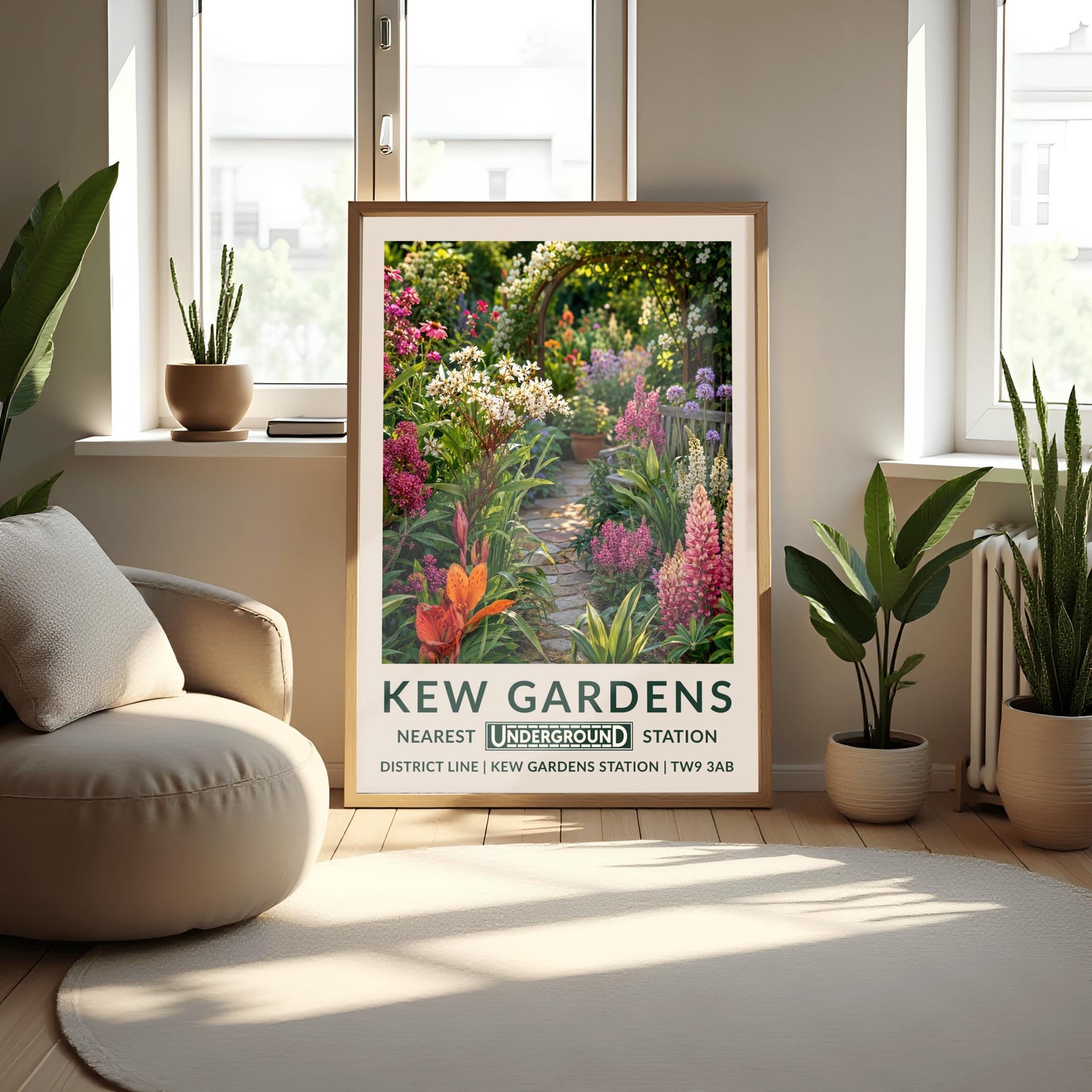 A vertical retro London Underground travel poster for Kew Gardens on a wide cream border. The top image shows a close-up, beautifully detailed illustration of a winding cobblestone garden pathway surrounded by dense flower borders. The foreground features tall pink lupins, a bright orange lily, and clusters of small white flowers. On the right sits a grey wooden bench under purple alliums. The path leads to a wooden archway covered in climbing white roses in the background.