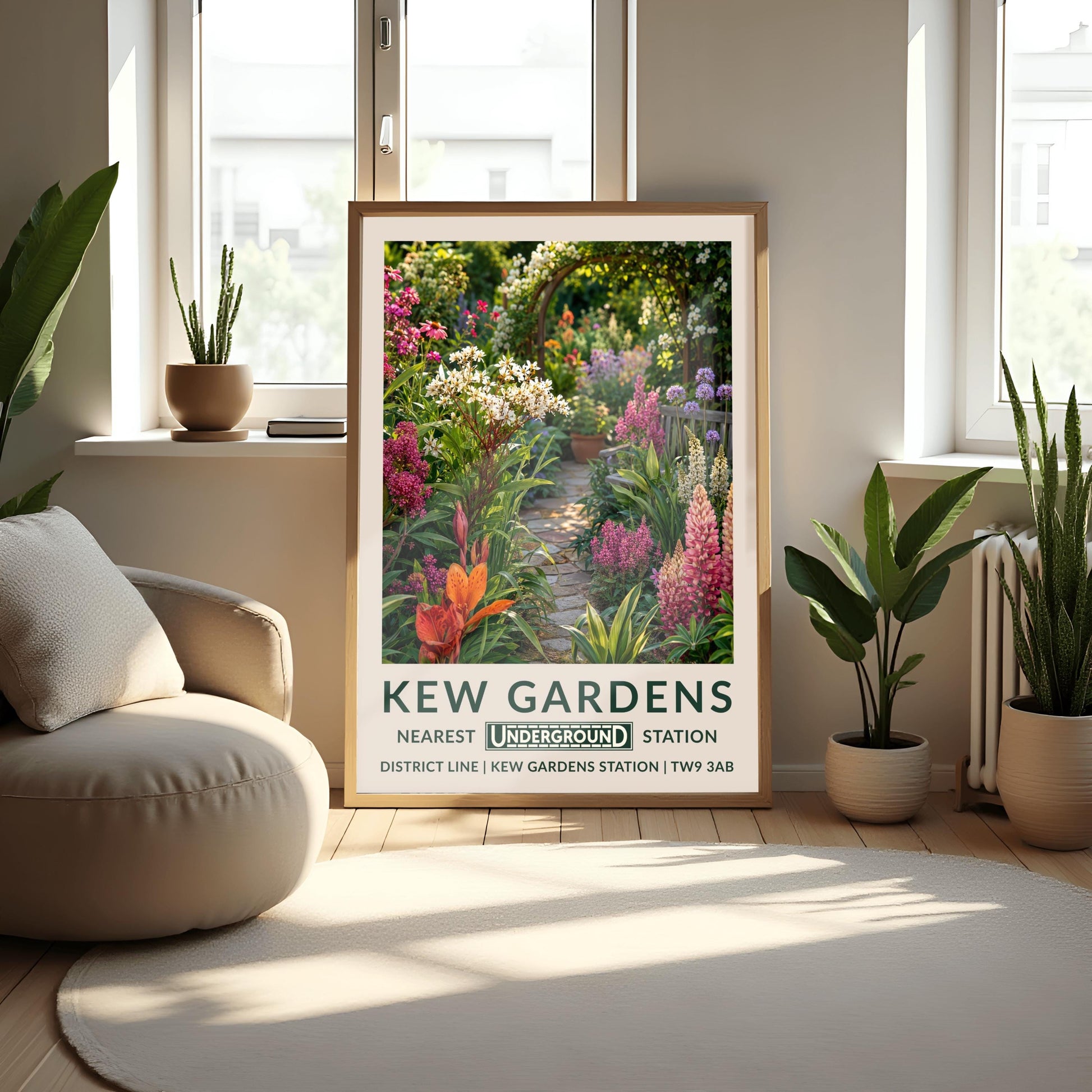 A vertical retro London Underground travel poster for Kew Gardens on a wide cream border. The top image shows a close-up, beautifully detailed illustration of a winding cobblestone garden pathway surrounded by dense flower borders. The foreground features tall pink lupins, a bright orange lily, and clusters of small white flowers. On the right sits a grey wooden bench under purple alliums. The path leads to a wooden archway covered in climbing white roses in the background.