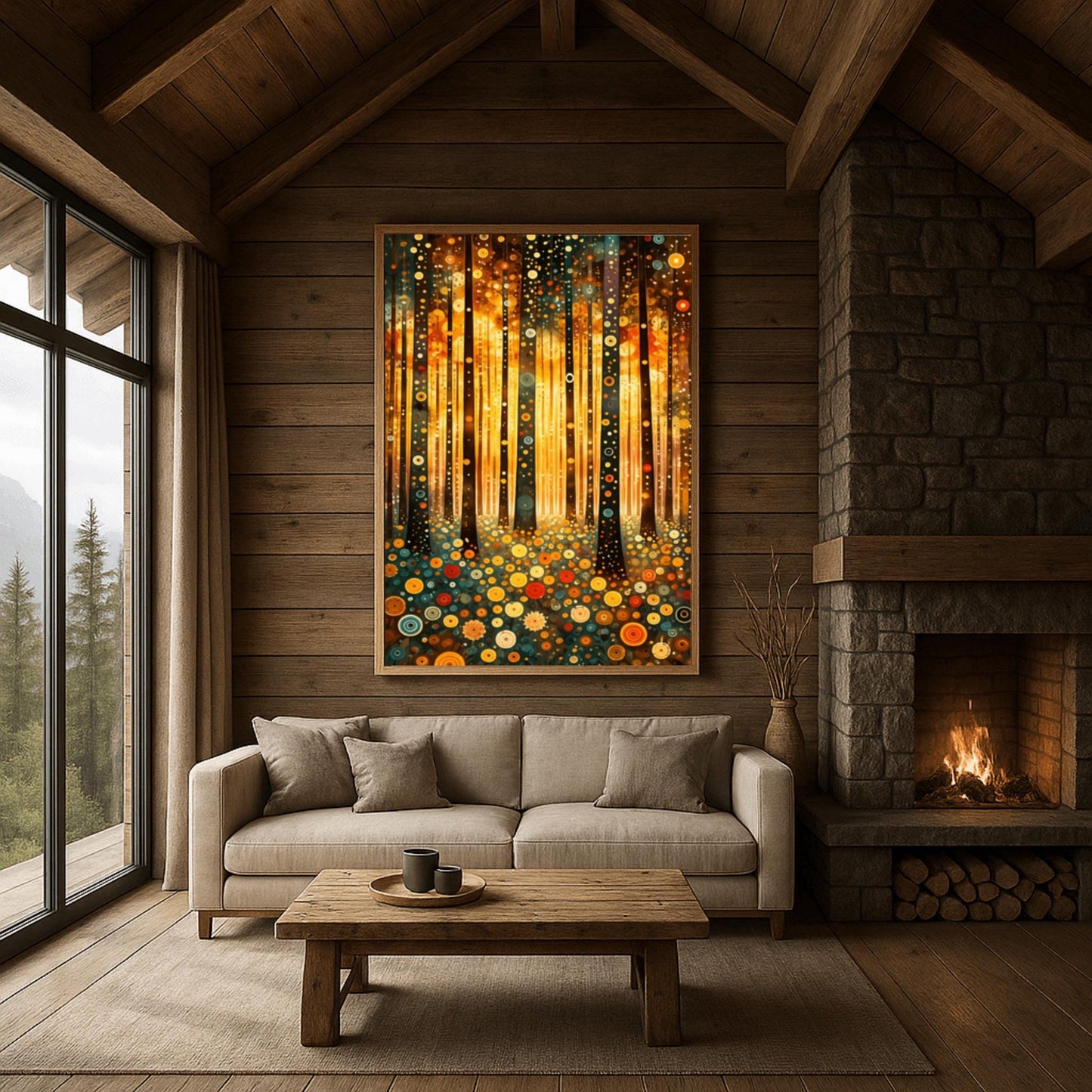 A vertical fine art print in the style of Gustav Klimt. Dark, slender tree trunks are decorated with various golden and colorful concentric circles. The forest floor is covered in similar circular floral patterns. A bright, warm golden light glows from the background, creating a high-contrast, ornate night forest scene.