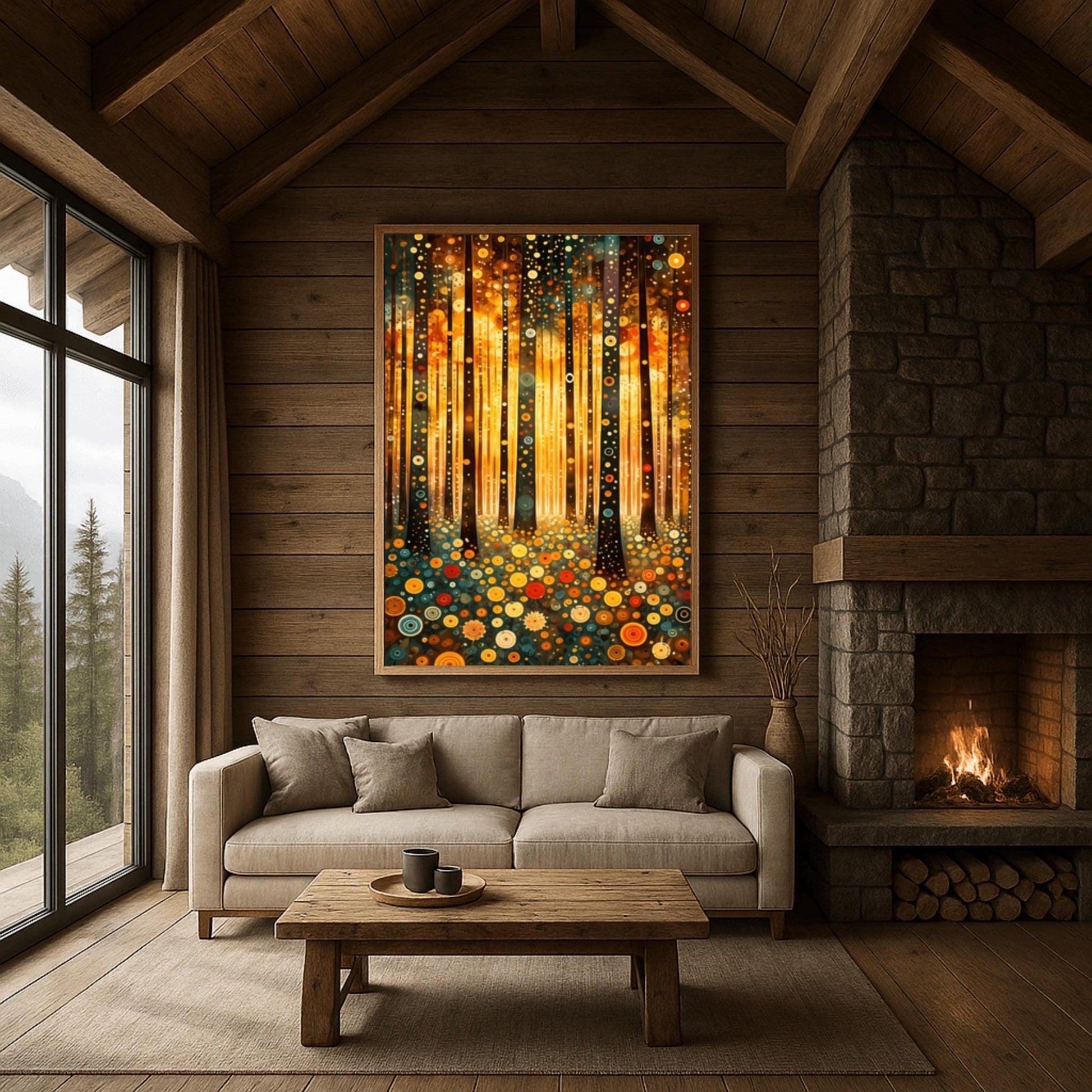 A vertical fine art print in the style of Gustav Klimt. Dark, slender tree trunks are decorated with various golden and colorful concentric circles. The forest floor is covered in similar circular floral patterns. A bright, warm golden light glows from the background, creating a high-contrast, ornate night forest scene.