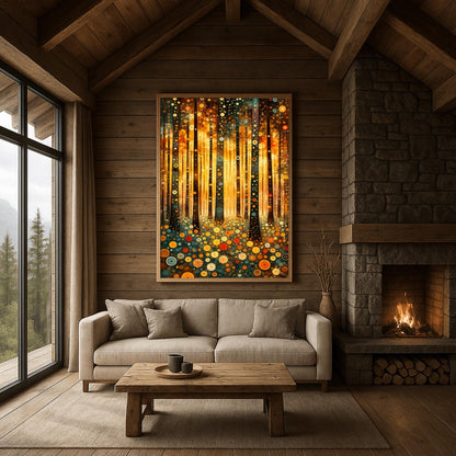 A vertical fine art print in the style of Gustav Klimt. Dark, slender tree trunks are decorated with various golden and colorful concentric circles. The forest floor is covered in similar circular floral patterns. A bright, warm golden light glows from the background, creating a high-contrast, ornate night forest scene.