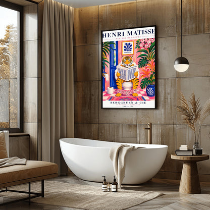 A vertical art print styled as a Henri Matisse exhibition poster. In the center, a tiger sits on a toilet in a pink bathroom, reading a newspaper with pink floral pants at its ankles. The room is decorated with lush tropical plants, a blue door, and a small Matisse-style blue cutout art piece on the wall. The text "HENRI MATISSE" is at the top, and "BERGGRUEN & CIE" is at the bottom.