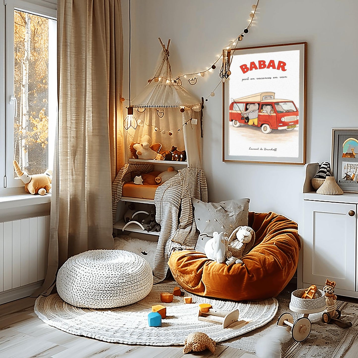A vertical art print titled "BABAR part en vacances en van" in large red letters. A retro red and cream camper van is filled with grey elephants. One elephant in a striped shirt holds a fishing rod out the side door, and another sits in the driver's seat. The van has a "BABAR" license plate and a gold crown symbol on the grill. The artist's name, "Laurent de Brunhoff," is at the bottom of the cream-colored, textured background.