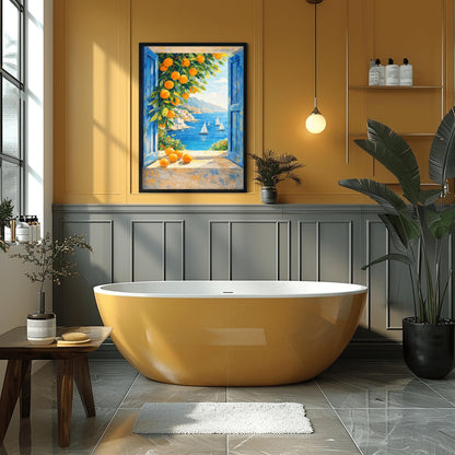 A vertical painterly illustration of a view through an open window with blue shutters. A branch with many bright oranges hangs in the top left. Outside, white sailboats float on a deep blue sea next to a white hillside village and mountains.