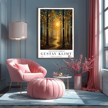 A vertical museum-style exhibition poster with a clean white border. The central illustration depicts a dense forest at sunset or sunrise in the decorative style of Gustav Klimt. A large, bright golden sun made of mosaic rings radiates in the center, casting a glowing path of liquid gold along a winding trail. Tall, dark tree trunks frame the composition, and the leaves and ground are covered in intricate golden spirals, target symbols, and circular patterns with small teal accents.