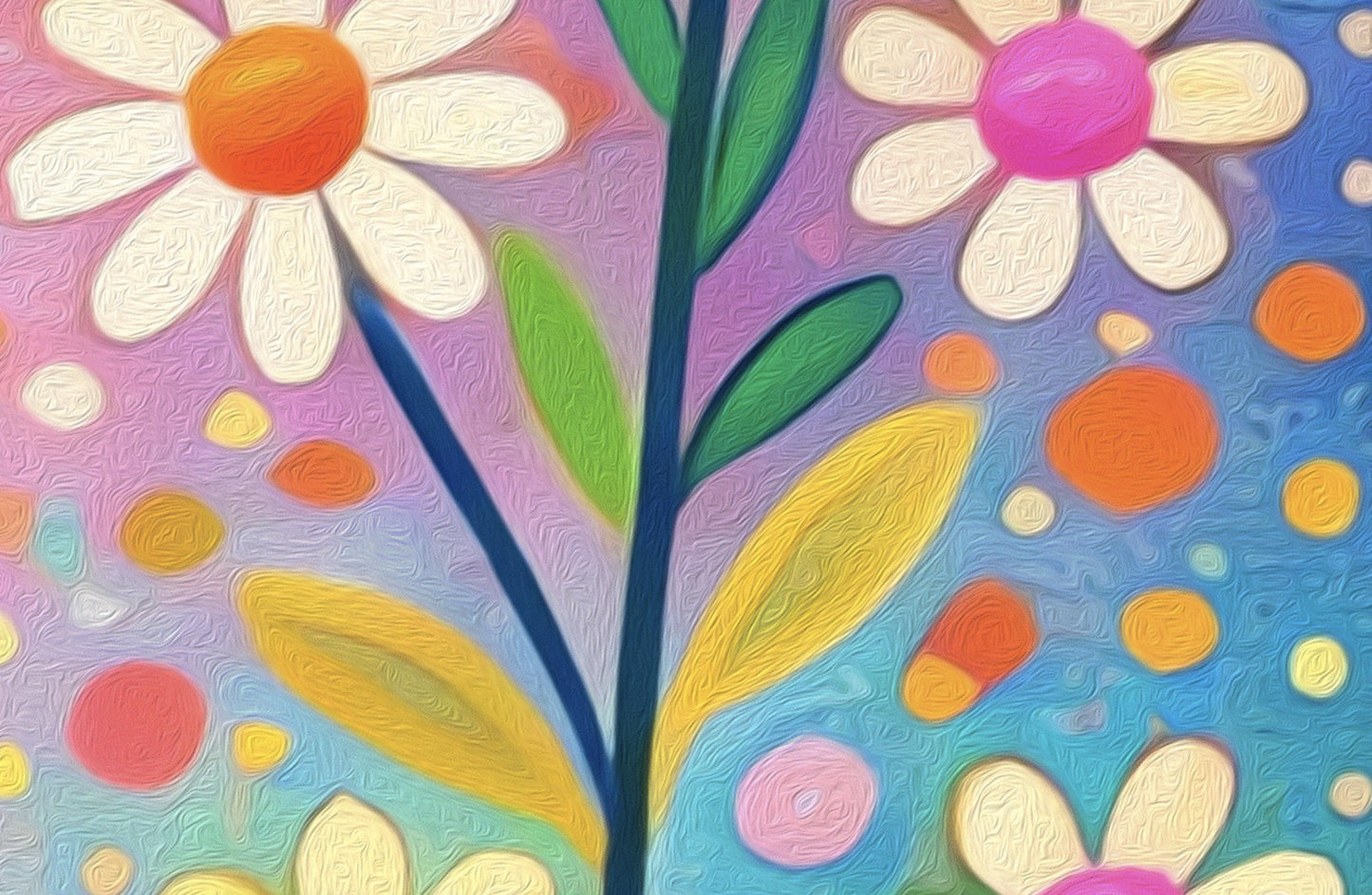 A vertical, colorful folk-art illustration of a black cat with green eyes holding a steaming yellow patterned mug. The cat has small white dashed lines for fur and is sitting next to several decorated flower pots containing a cactus and various colorful plants. A butterfly and a dragonfly fly in the upper portion of the image. The background is a bright, speckled gradient of yellow, pink, and orange.