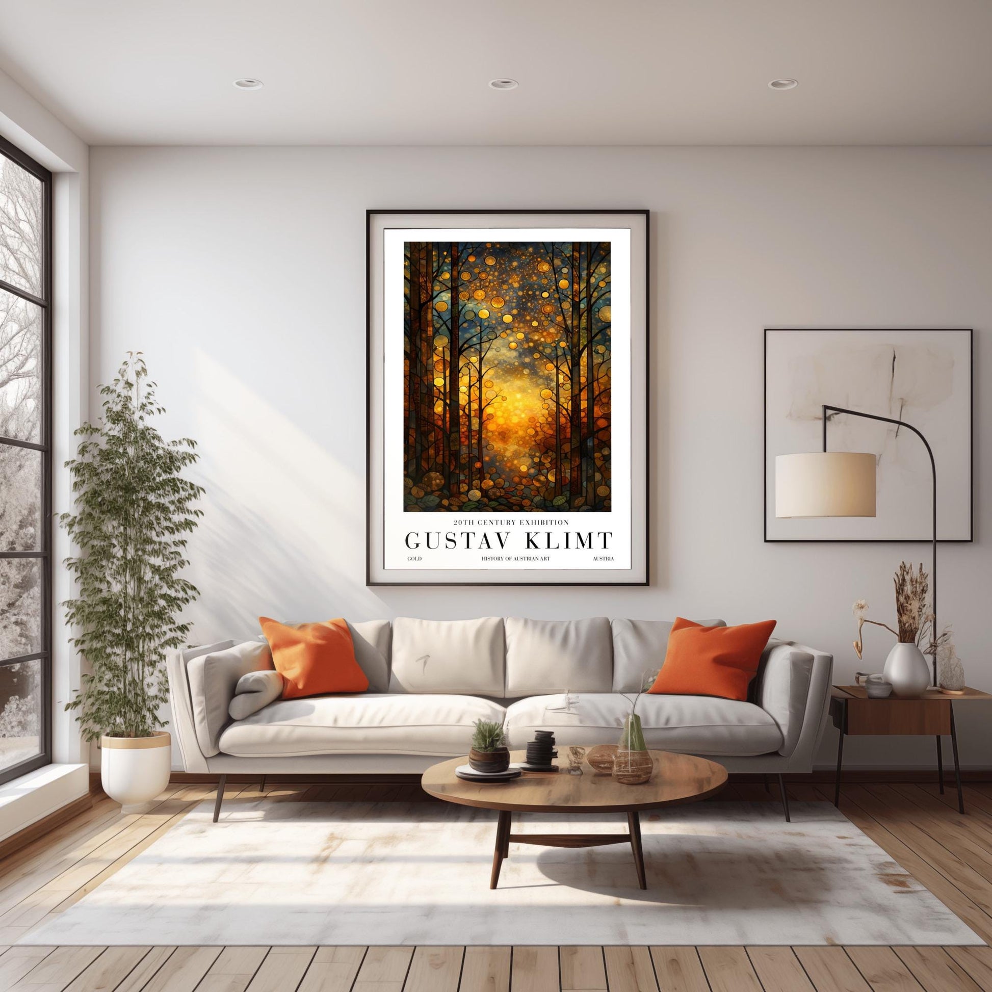 A vertical exhibition-style poster featuring a stylized forest in the style of Gustav Klimt. Slender trees with dark, leaded outlines are filled with golden and amber hues. A brilliant, warm light glows from the center forest floor. The sky is filled with circular mosaic patterns and golden stardust. The bottom features white margins with bold text reading "GUSTAV KLIMT."