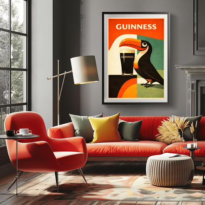 A vertical minimalist poster for Guinness in a mid-century modern style. A stylized, geometric toucan stands next to a pint of beer. The background is made of large blocks of orange, teal, and black. Bold white text at the top reads "GUINNESS."