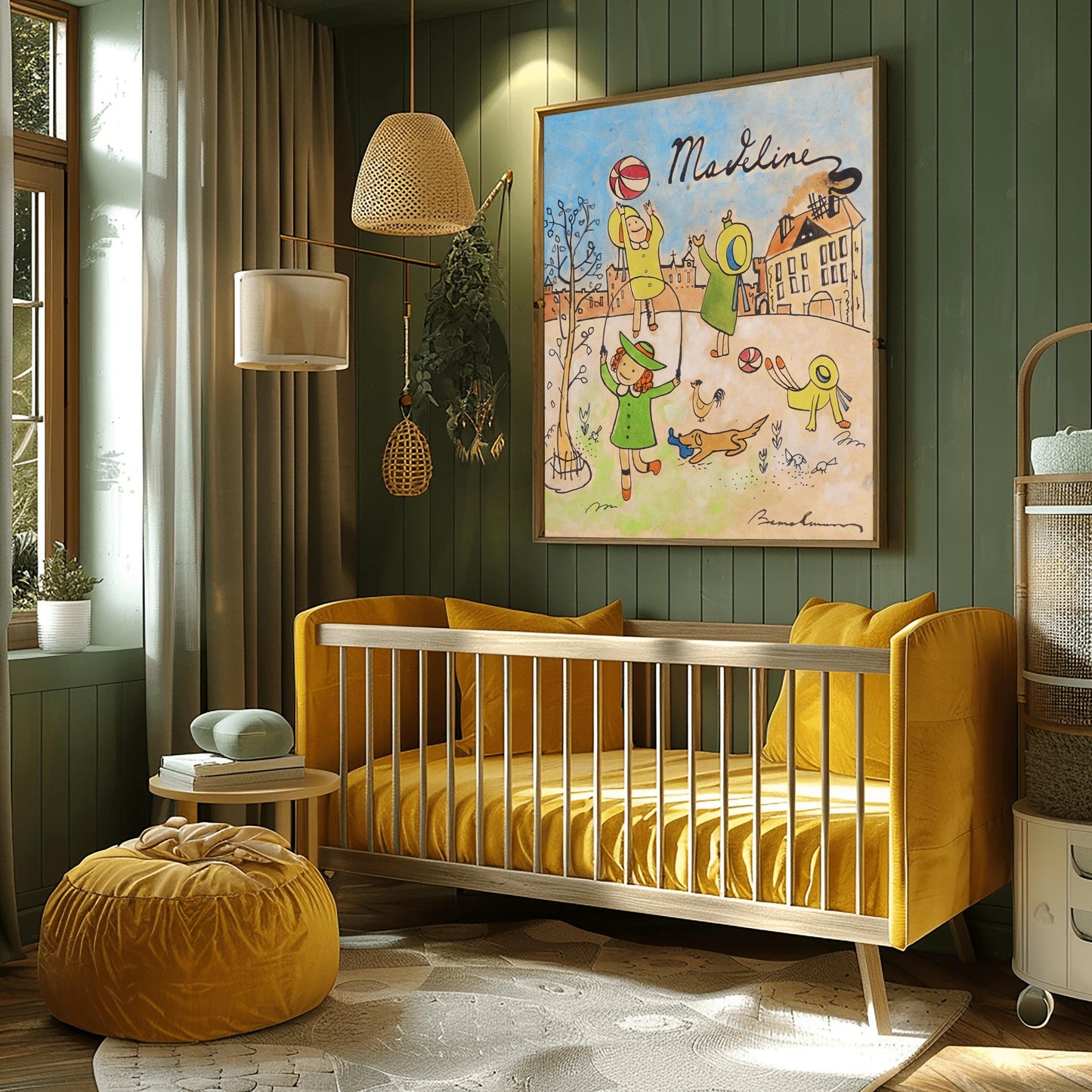 A vertical fine art exhibition poster featuring a vintage book cover style illustration of Madeline by Ludwig Bemelmans, set against a wide white gallery border. On a warm, aged parchment background with a blue sky, children in yellow hats are shown jumping rope, throwing a ball, and doing a handstand alongside a small dog. The name "Madeline" is written in elegant black script at the top.