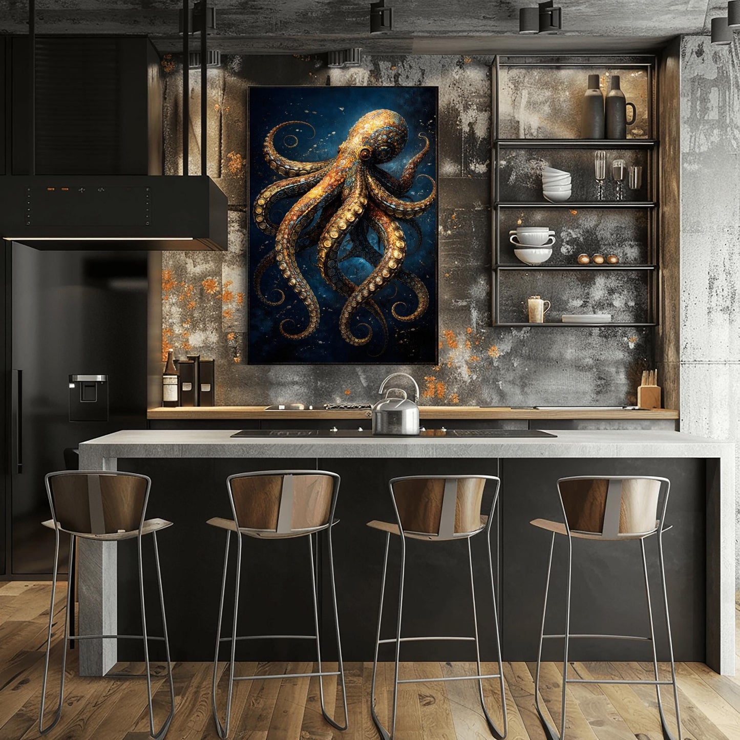 A vertical full-bleed illustration of an octopus in the style of Gustav Klimt. The octopus is decorated with intricate golden mosaic patterns and spirals, floating in a dark navy ocean with tiny sparkling particles. The design is rich in detail and high contrast.