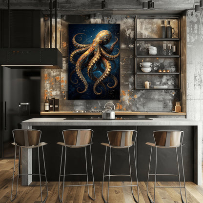 A vertical full-bleed illustration of an octopus in the style of Gustav Klimt. The octopus is decorated with intricate golden mosaic patterns and spirals, floating in a dark navy ocean with tiny sparkling particles. The design is rich in detail and high contrast.