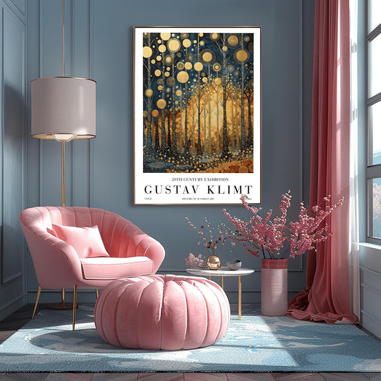 A vertical exhibition-style poster for a Gustav Klimt exhibit. The artwork features tall, slender trees with black bark covered in intricate gold scrolls and geometric patterns. Large, textured golden orbs float in the upper canopy. A warm, glowing light radiates from the center of the forest. The bottom margin features bold text reading "GUSTAV KLIMT" and "20TH CENTURY EXHIBITION."